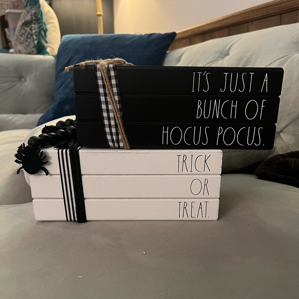 Rae Dunn wooden Halloween book stacks “Trick or Treat” & “Hocus Pocus”